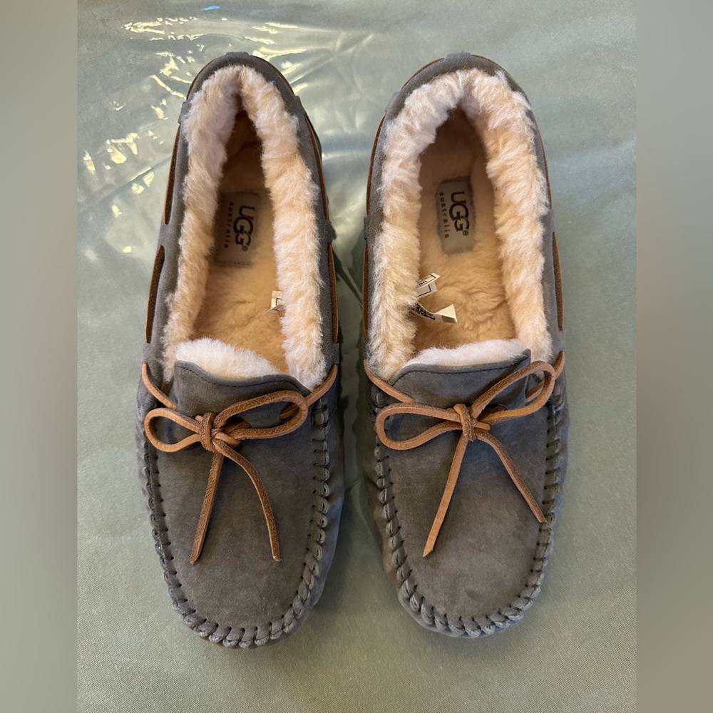 UGG Gray Moccasin Slippers with Tan Bow